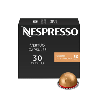 Nespresso Melozio Decaffeinato box front showing pack and benefits