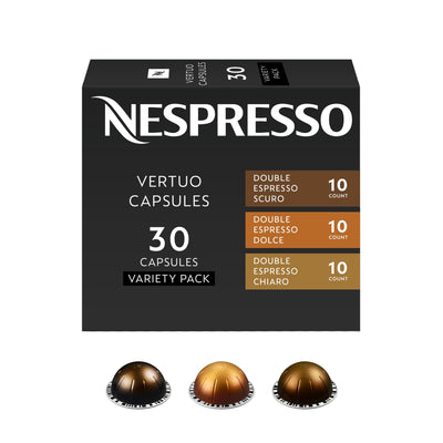Nespresso Vertuo front pack showing 30 pods and variety benefits