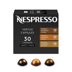 Nespresso Vertuo front pack showing 30 pods and variety benefits