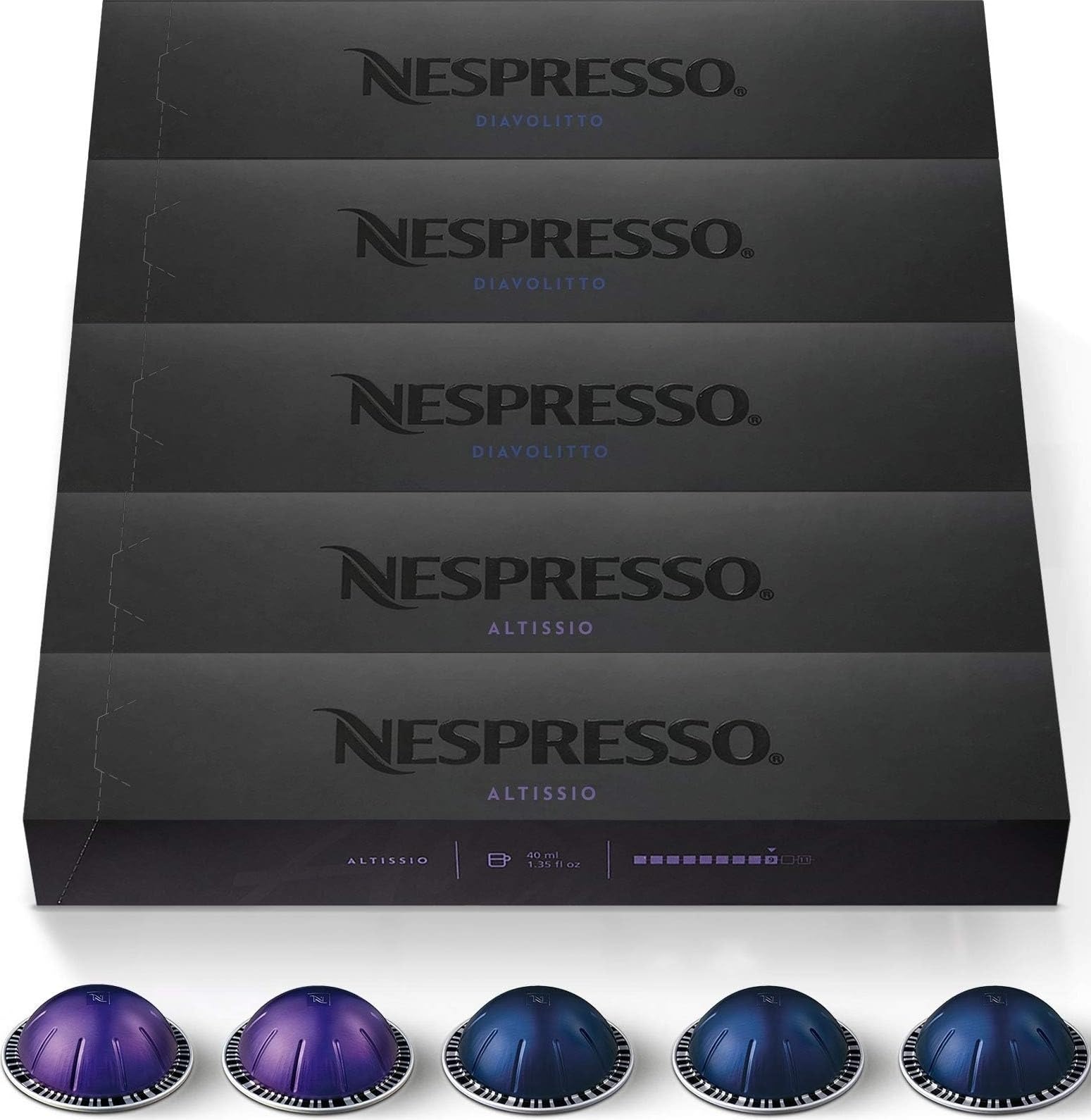 Nespresso Vertuo packaging frontal mostrando 50 cápsulas y variedad