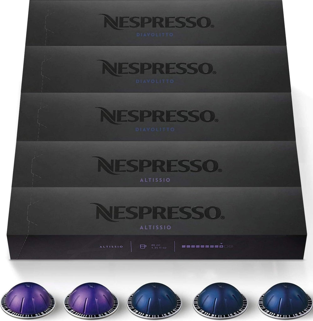 Nespresso Vertuo packaging frontal mostrando 50 cápsulas y variedad