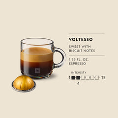 Nespresso Voltesso espresso shot with crema showing aromatic biscuity benefit