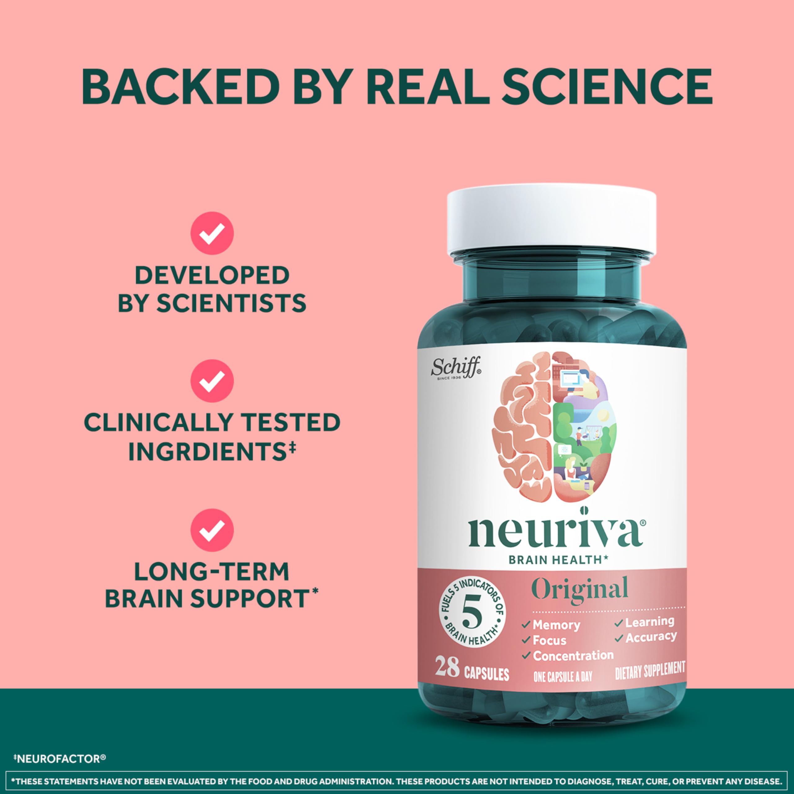 NEURIVA etiqueta con ingredientes clave y beneficio para memoria