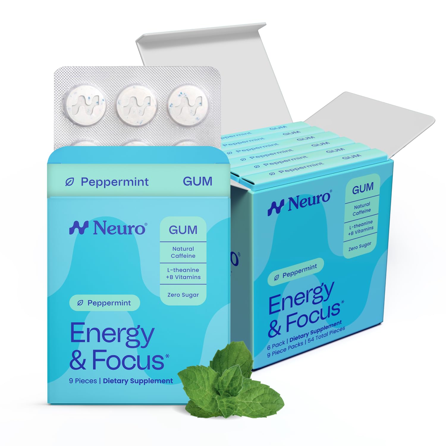 Neuro chicle frente del envase mostrando 54 piezas y conveniencia