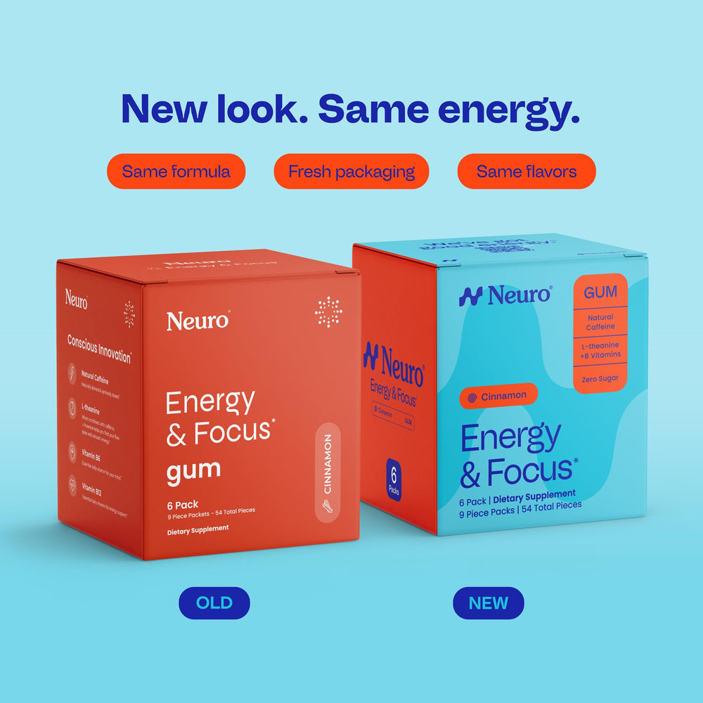 Neuro cinnamon pack opened to show individual sugar-free gum pieces for portability