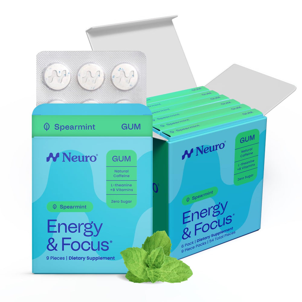 Neuro chicle frontal del envase mostrando 54 unidades y menta fresca, práctico y portátil