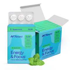 Neuro chicle frontal del envase mostrando 54 unidades y menta fresca, práctico y portátil