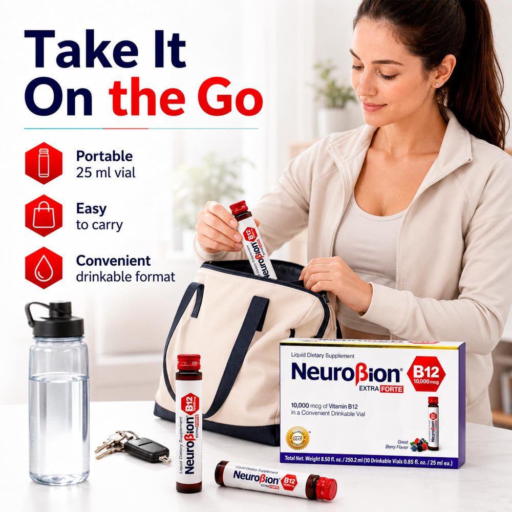Neurobion vial sobre escritorio para estilo de vida activo y energía