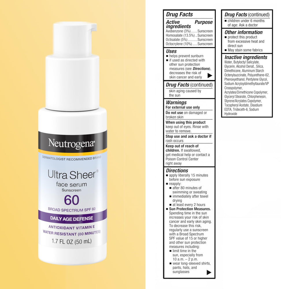 Neutrogena etiqueta con ingredientes clave como Helioplex y vitamina E para protección estable
