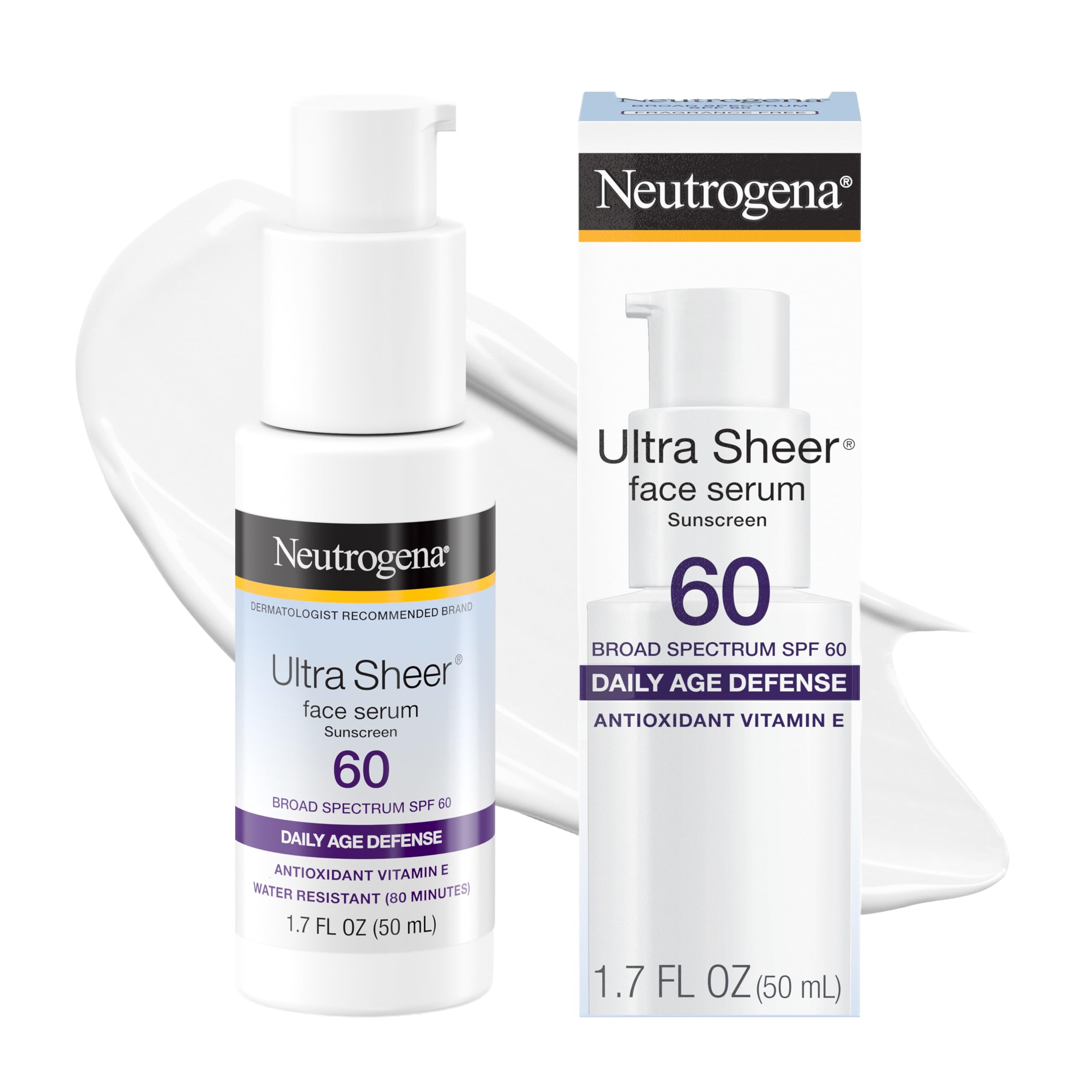 Neutrogena frente del envase mostrando el suero SPF 60 y su beneficio de protección alta