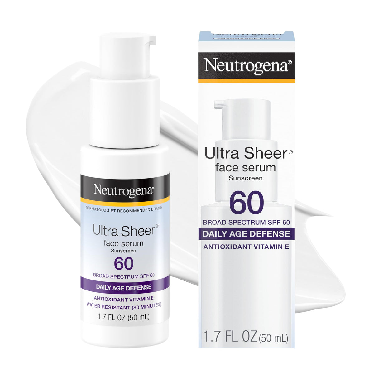 Neutrogena frente del envase mostrando el suero SPF 60 y su beneficio de protección alta
