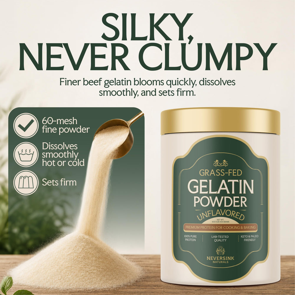 Detalle del polvo de Neversink Naturals gelatina textura fina y uniforme