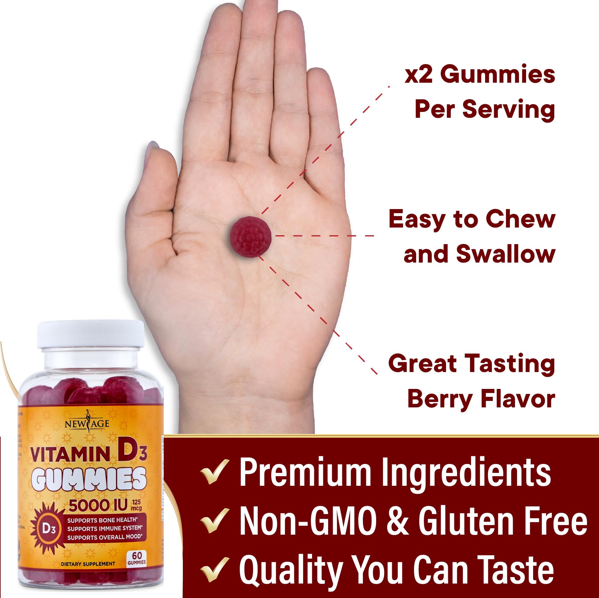 NEW AGE gummy beside a coin for size comparison and dosing clarity