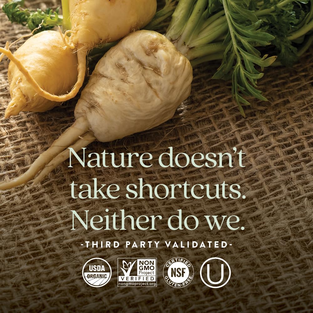 New Chapter tablet positioned beside organic maca root to show complementary superfood