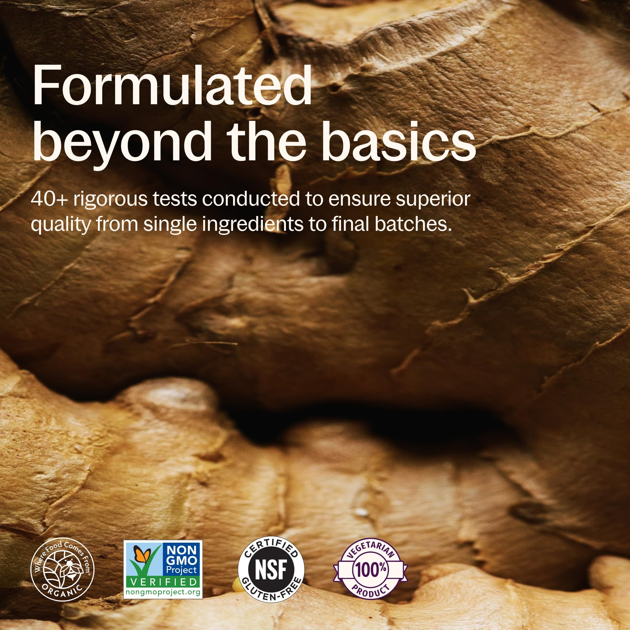 New Chapter etiqueta con certificaciones orgánicas y Non-GMO claras