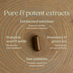 New Chapter label close-up listing saw palmetto, nettle, pumpkin seed benefits