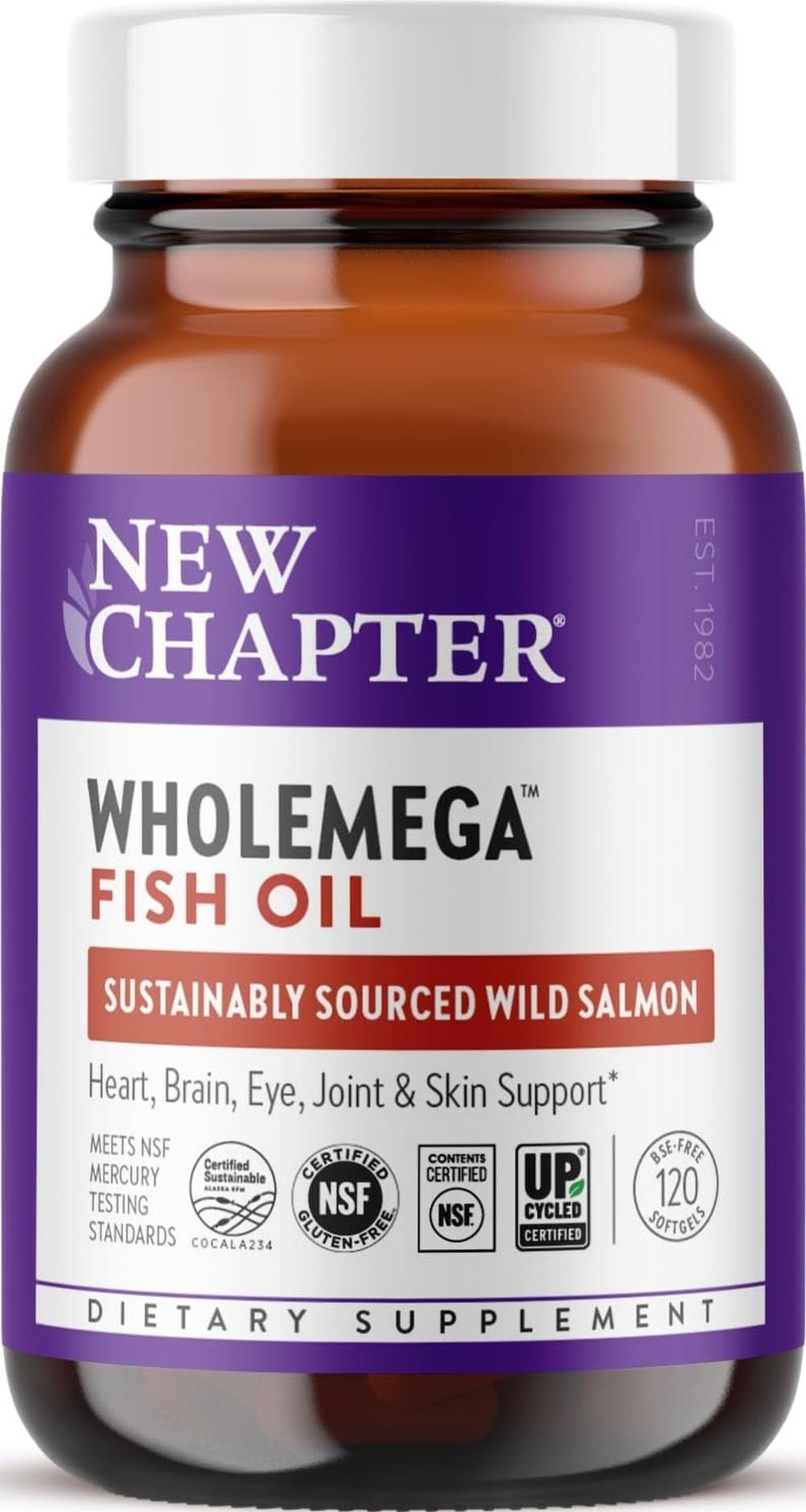 New Chapter envase frontal de Wholemega mostrando 120 cápsulas, confianza y pureza
