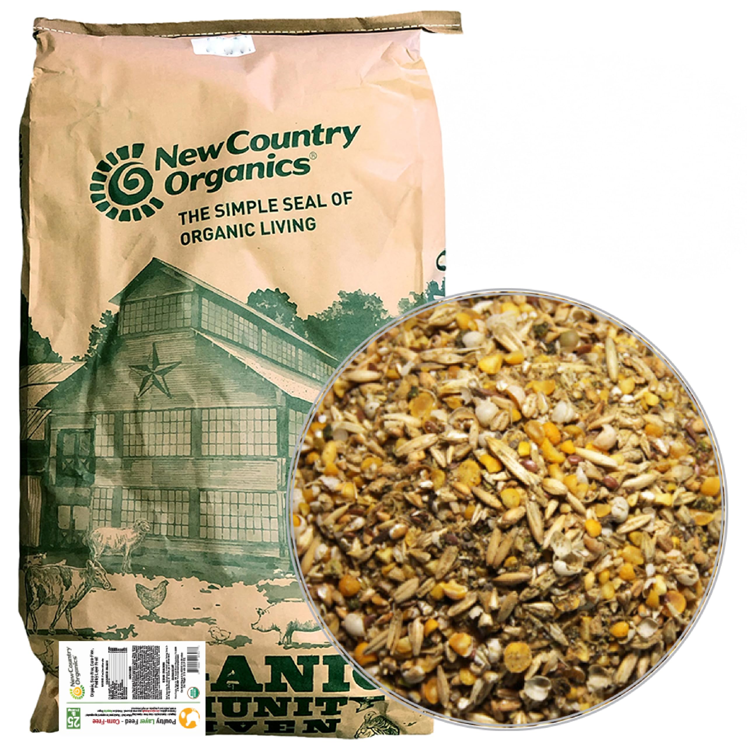 New Country Organics bolsa frontal 25 lb mostrando etiqueta y sello orgánico