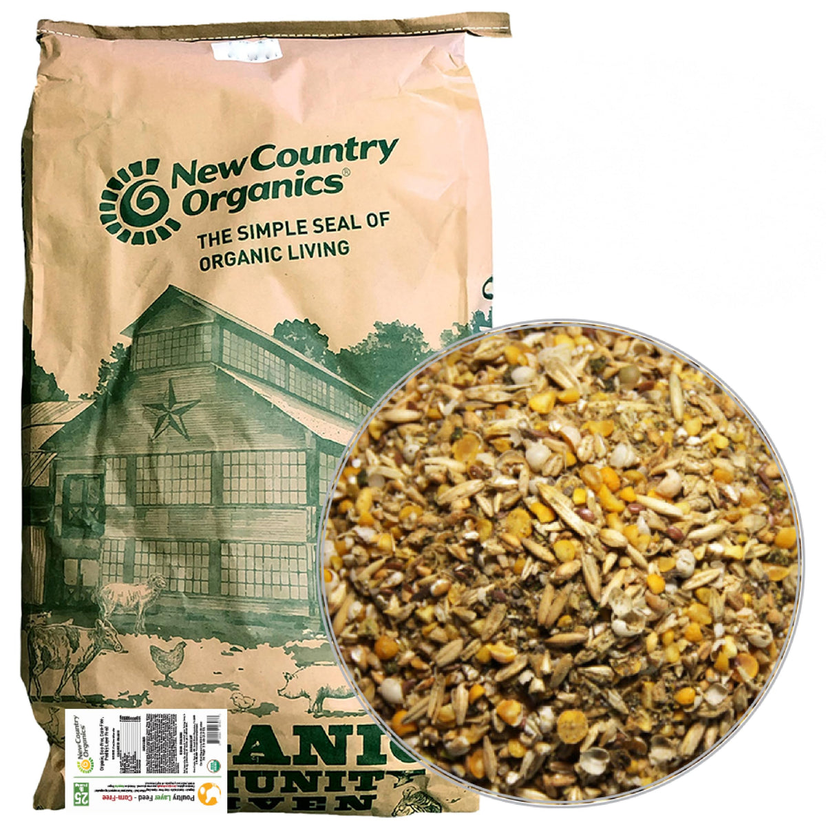 New Country Organics bolsa frontal 25 lb mostrando etiqueta y sello orgánico