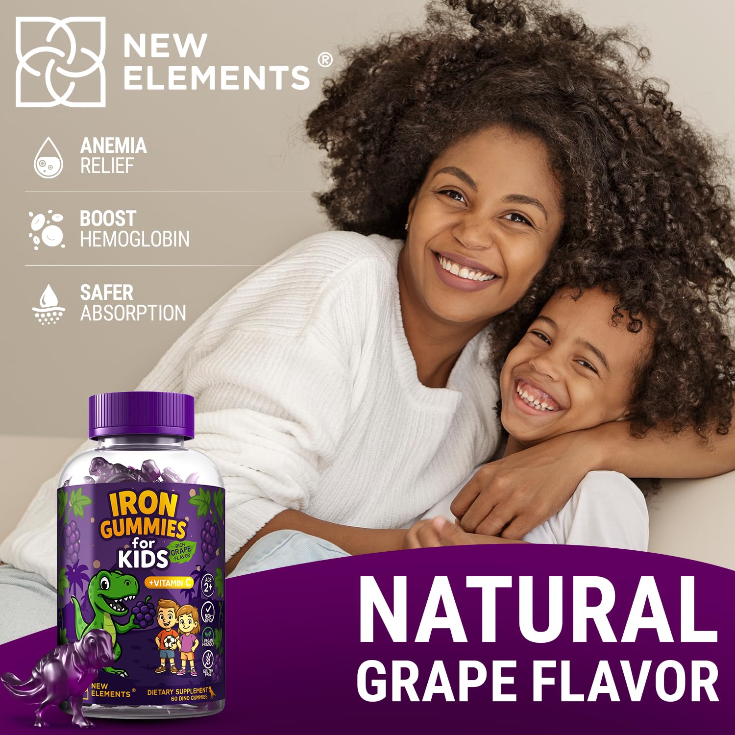 New Elements etiqueta con información nutricional destacando hierro y vitamina C