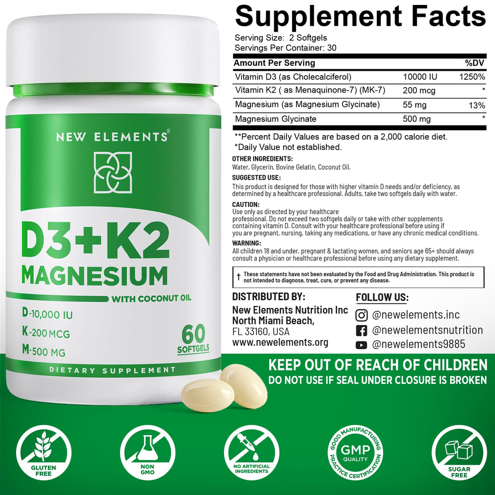 New Elements ingredientes clave D3 K2 magnesio listados y su apoyo óseo
