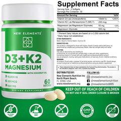 New Elements ingredientes clave D3 K2 magnesio listados y su apoyo óseo