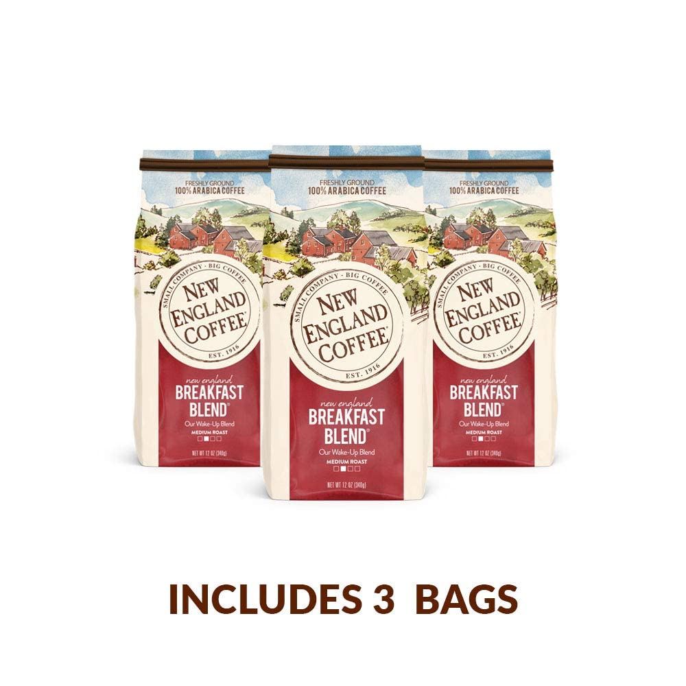 New England Coffee roast profile graphic on bag, communicating small-batch consistency benefit
