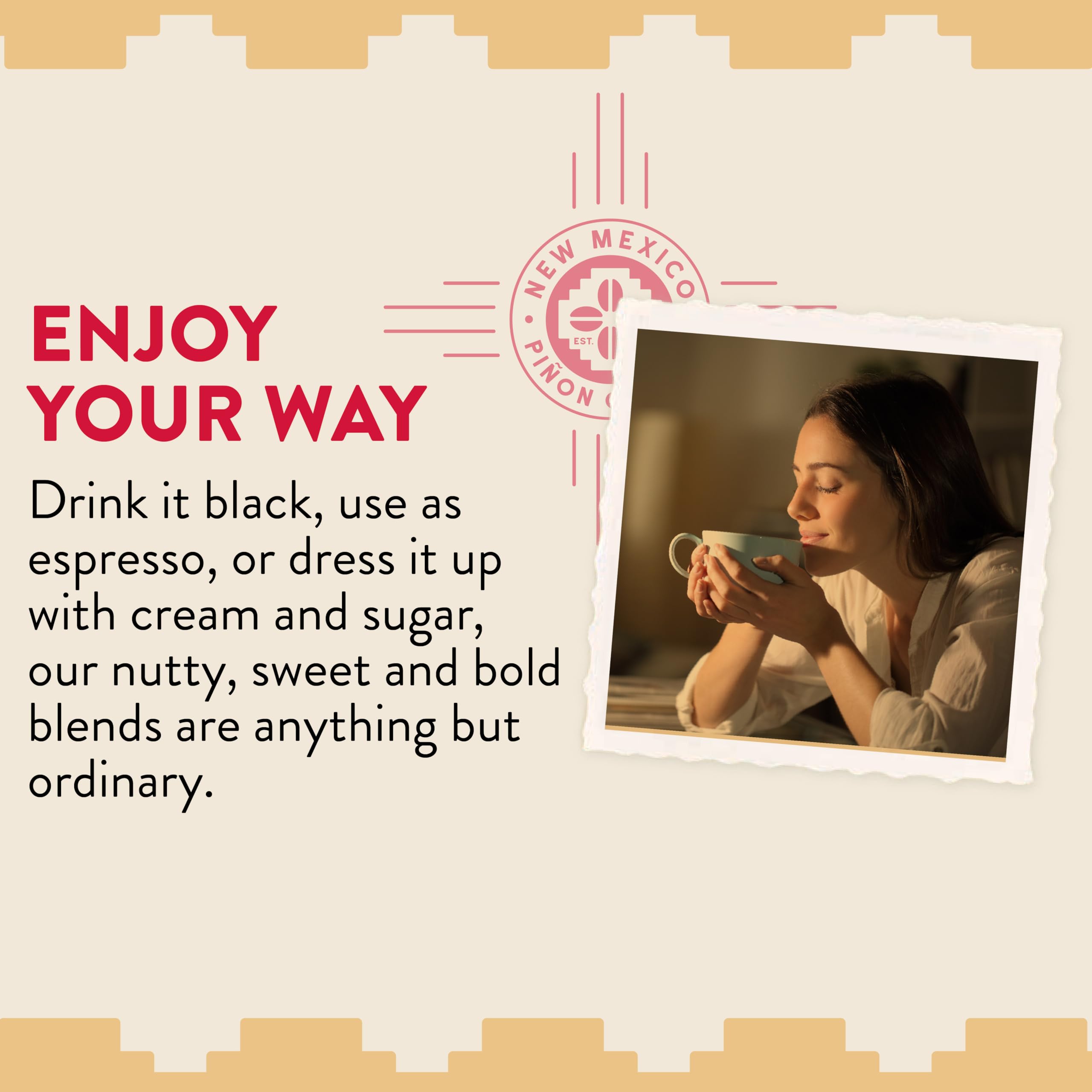 New Mexico Piñon Coffee beans in hand showing roast texture and freshness