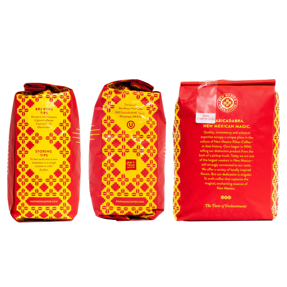 New Mexico Piñon Coffee two pound bag next to household item for scale