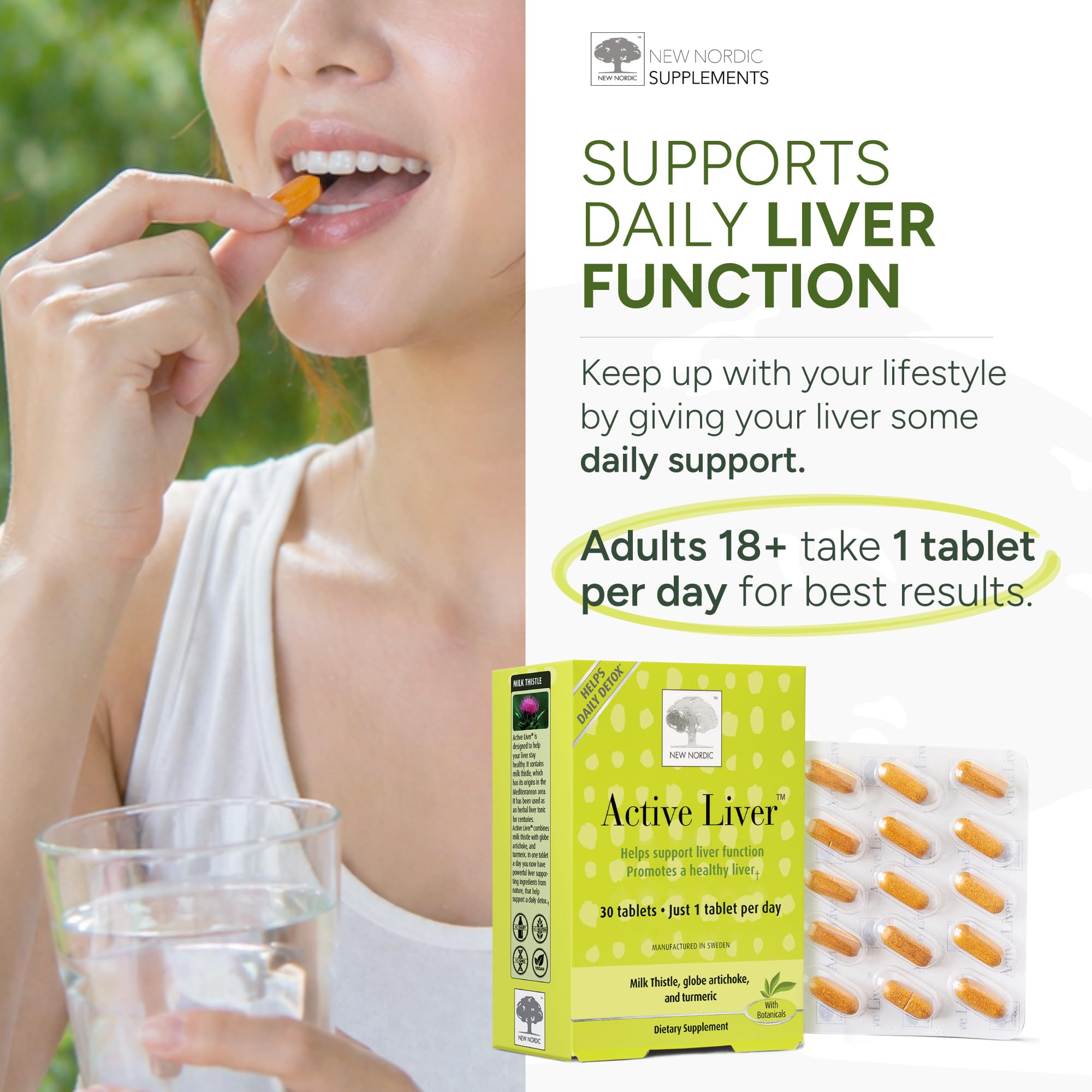 NEW NORDIC tablet in hand beside glass of water for easy morning routine