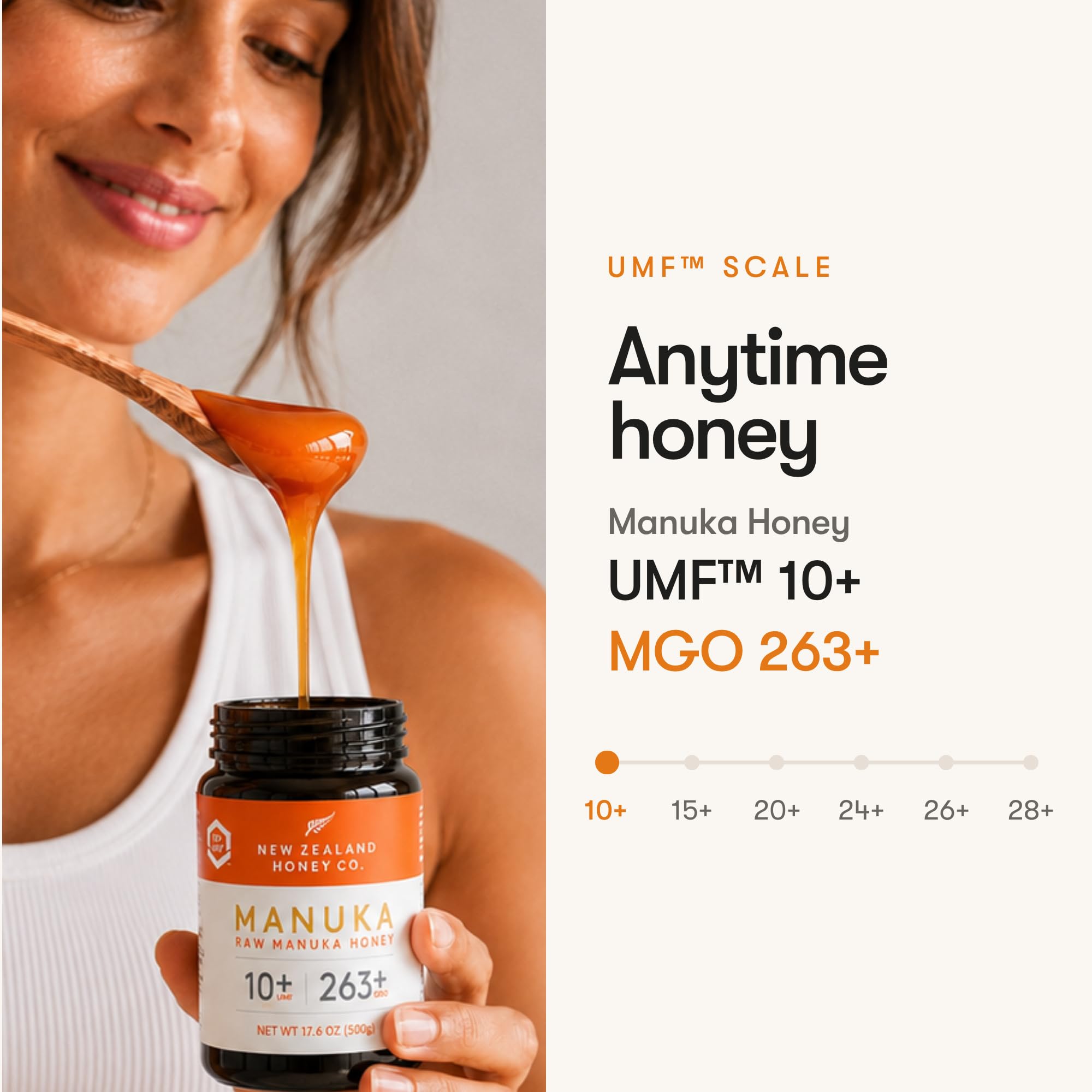 New Zealand Honey Co etiqueta UMF 10+ y MGO 263+ certificadas visibles