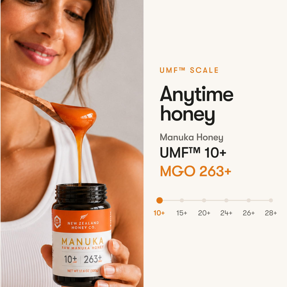 New Zealand Honey Co etiqueta UMF 10+ y MGO 263+ certificadas visibles