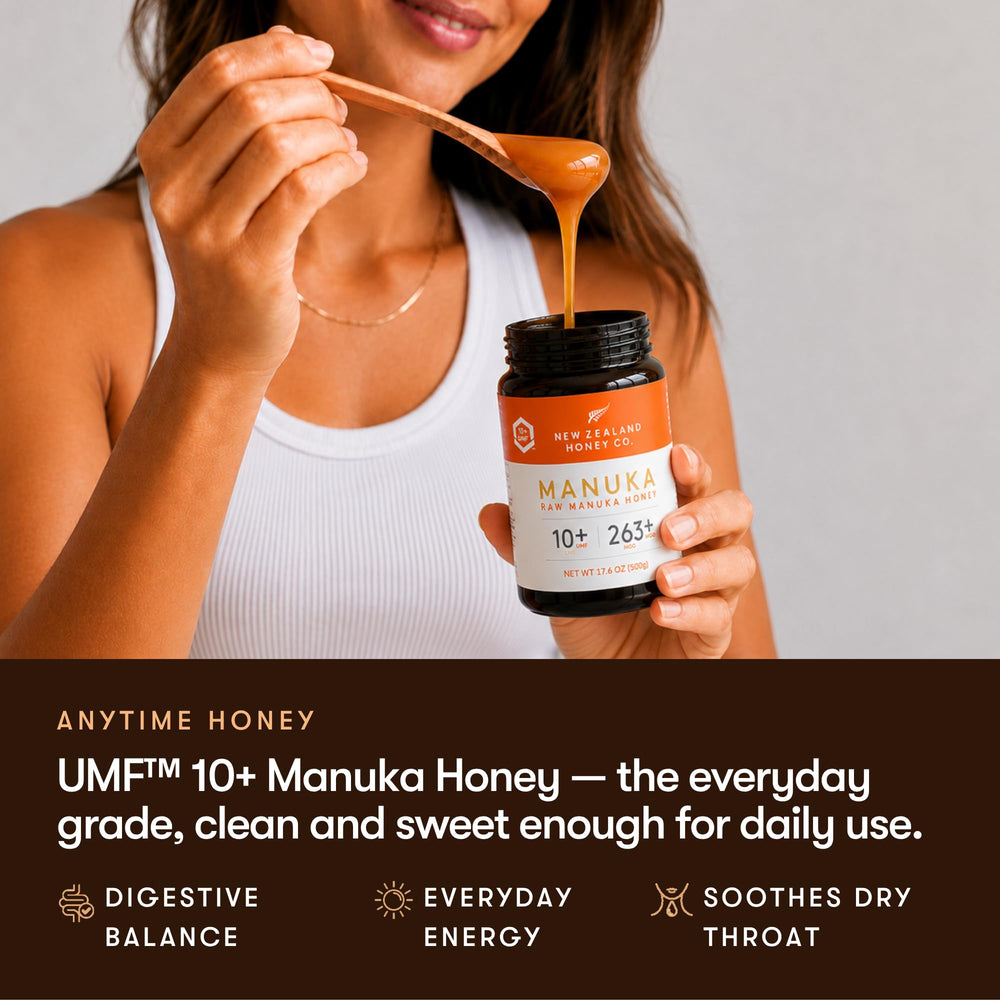 New Zealand Honey Co comparación de tamaño de frasco 500 g con manos