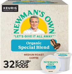 Newman's Own front packaging showing 32-count box and branding, highlights organic benefit