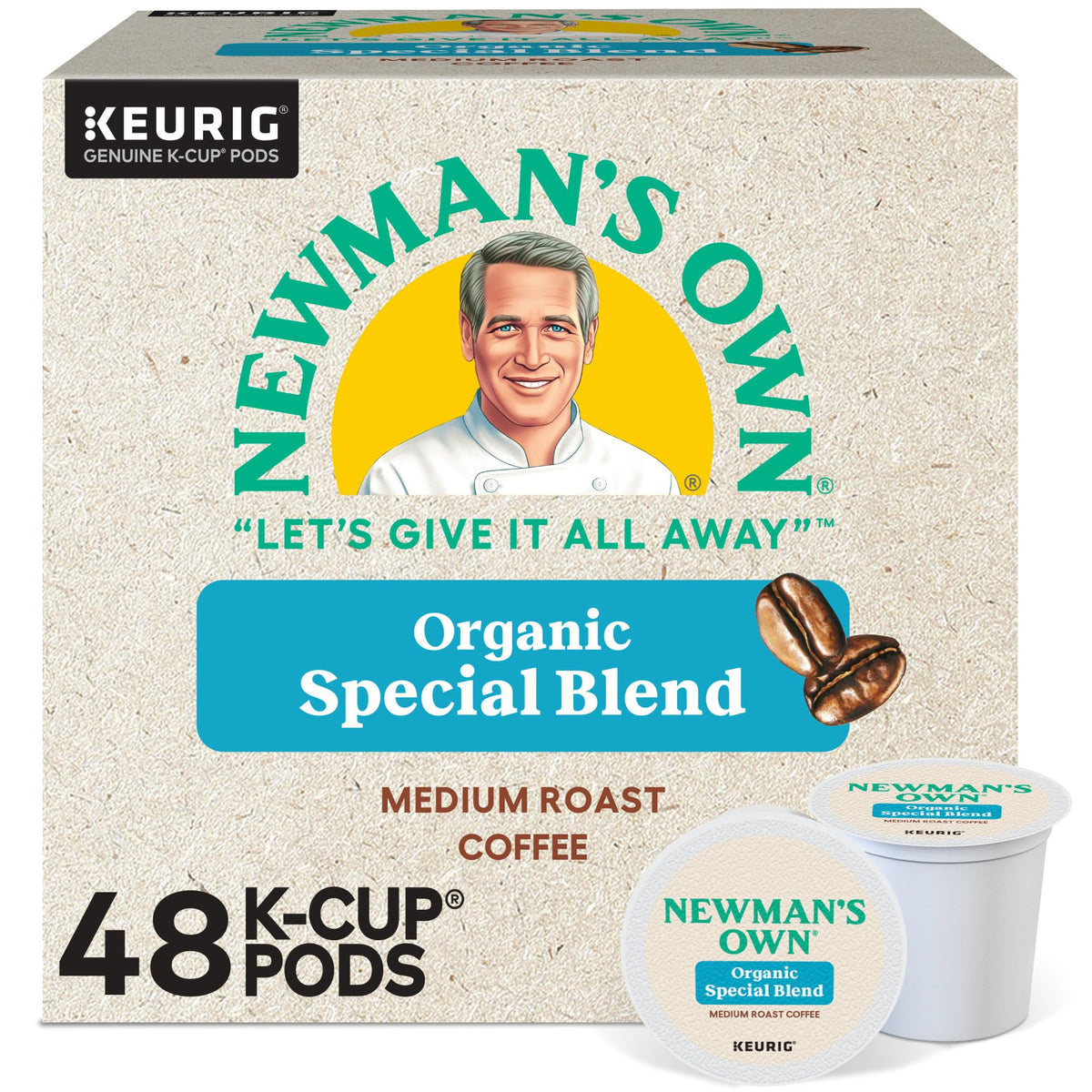 Newman's Own caja frontal mostrando diseño y beneficios