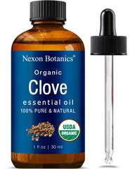 Nexon Botanics frasco frontal mostrando aceite de clavo, transmite confianza y pureza