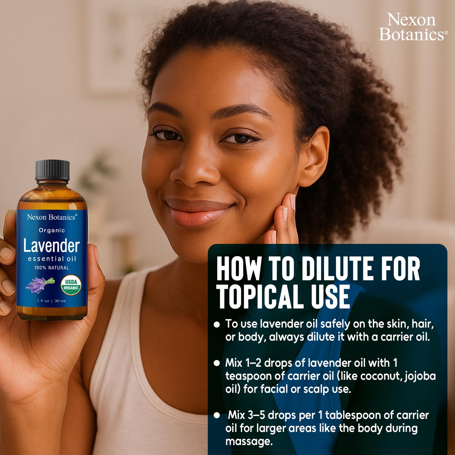Nexon Botanics gota de aceite en mano mostrando pureza y textura ligera