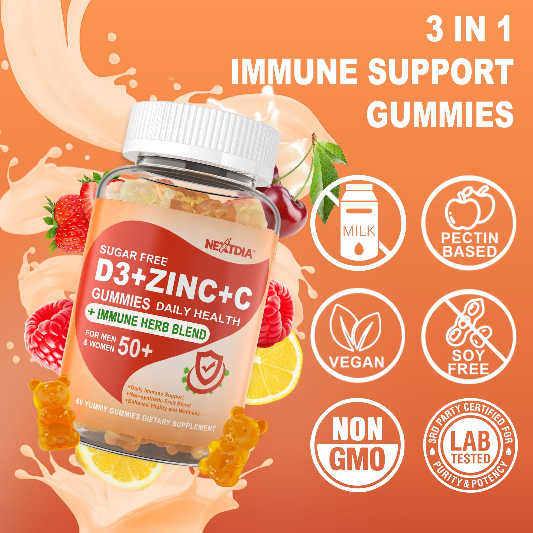 Nextdia etiqueta con detalles nutricionales destacando dosis de D3 C y zinc
