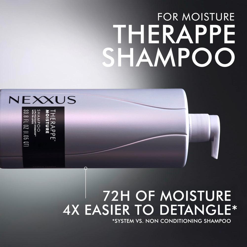 Nexxus envase 33.8 oz junto a objetos para comparar tamaño y duración