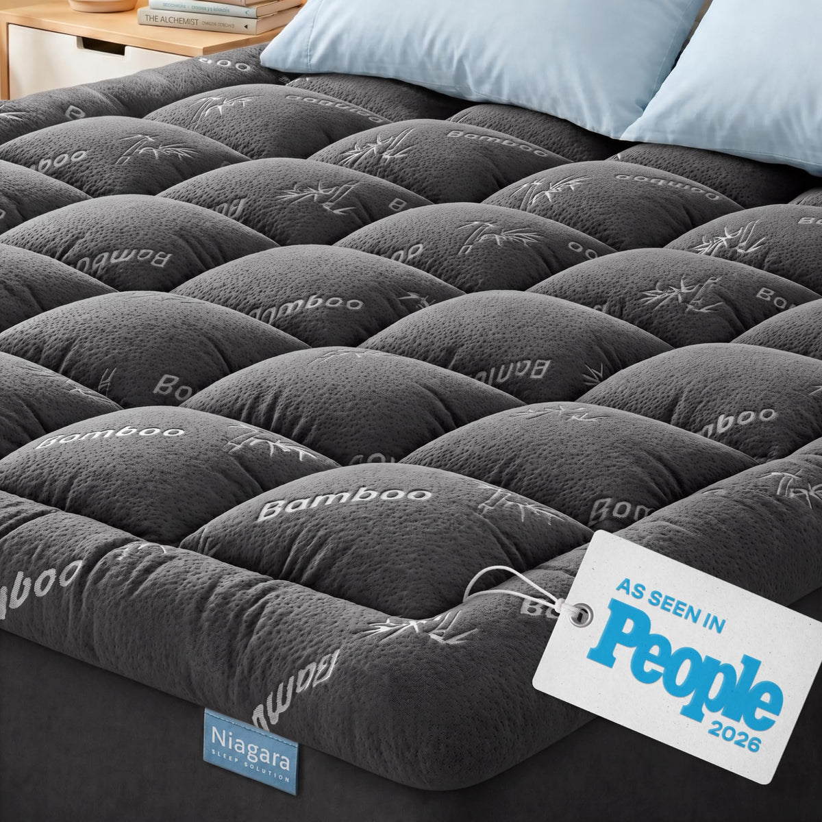 Niagara Sleep Solution king topper front packaging, shows compact shipped size and easy setup