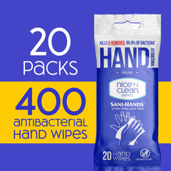 Nice 'N Clean toallita en mano limpiando superficies, higiene portátil