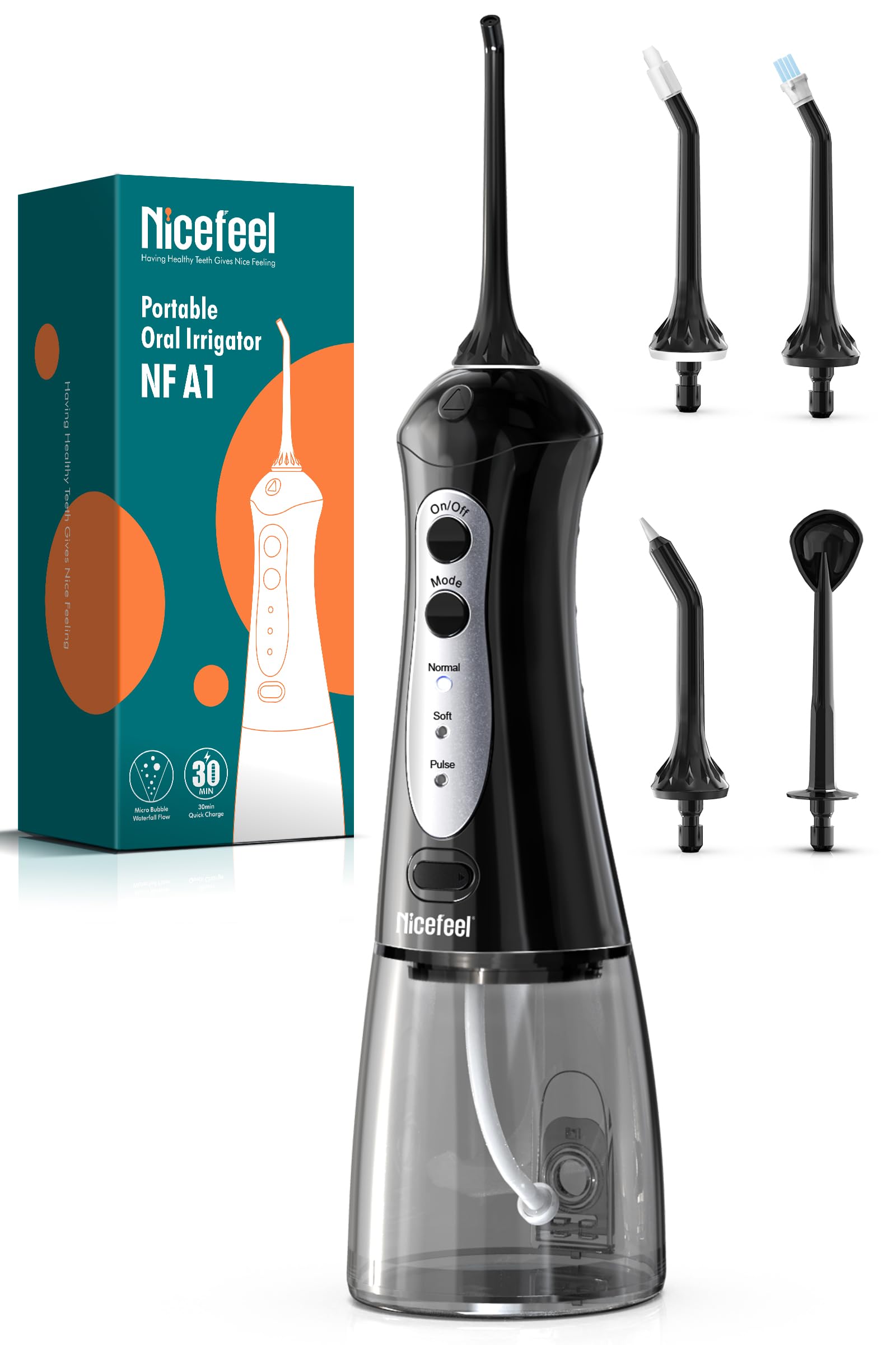 Nicefeel vista frontal del irrigador resaltando diseño portátil y control