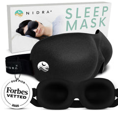 Nidra máscara frontal mostrando bloqueo total de luz y contorno cómodo