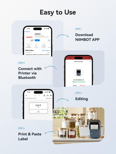 NIIMBOT B1 mobile app design screen showing label layout and quick editing tools