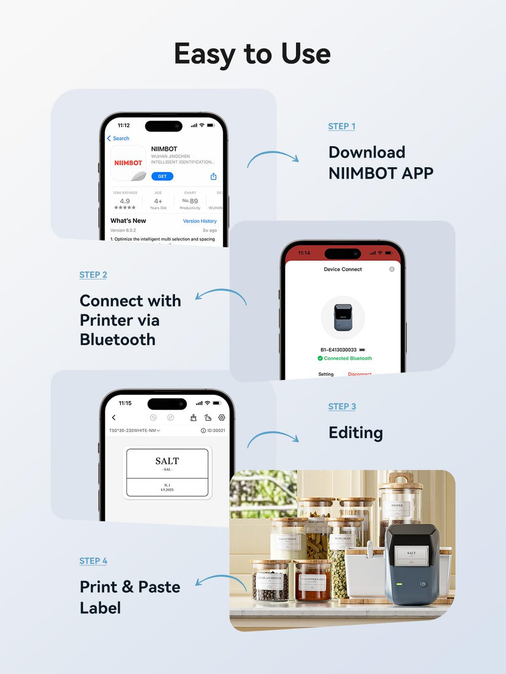 NIIMBOT B1 mobile app design screen showing label layout and quick editing tools