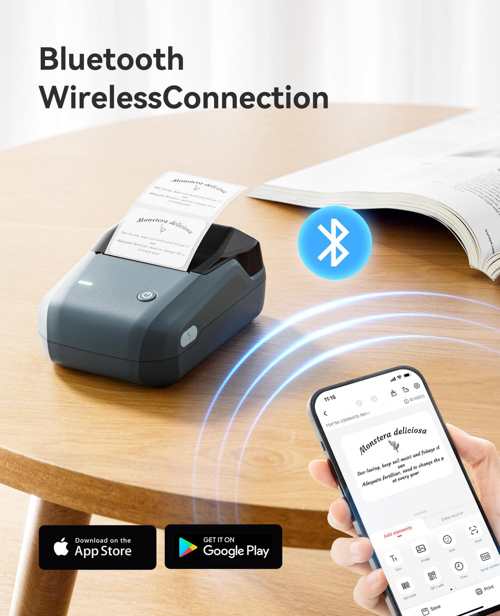 NIIMBOT B1 paired with smartphone app on screen, NIIMBOT app enables fast customization
