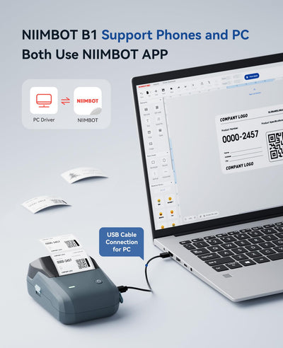 NIIMBOT B1 boxed with USB cable and rolls, NIIMBOT kit simplifies out-of-the-box setup