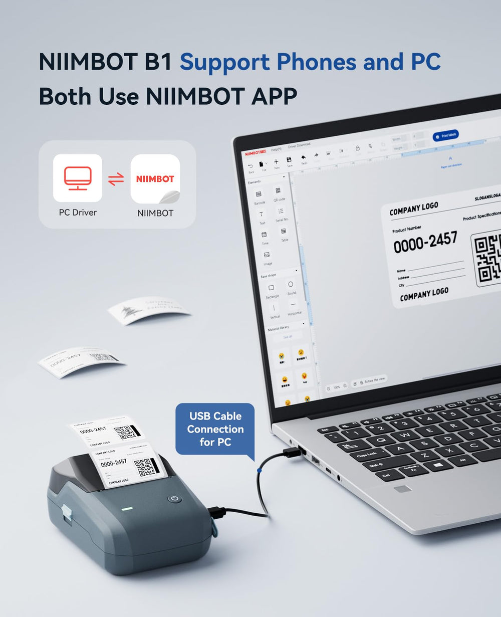 NIIMBOT B1 boxed with USB cable and rolls, NIIMBOT kit simplifies out-of-the-box setup