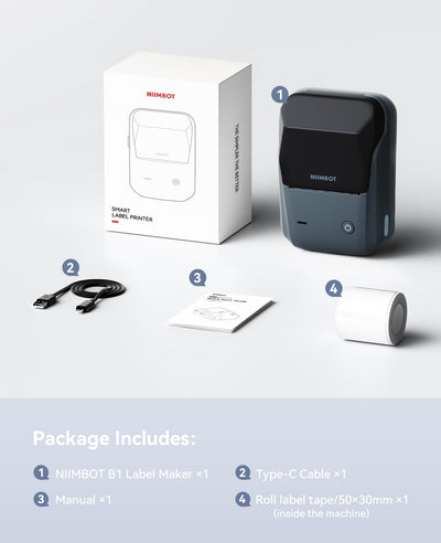 NIIMBOT B1 with included accessories and starter roll, showing ready-to-use convenience