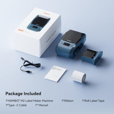 NIIMBOT M2 packaging and included accessories displayed for out-of-box readiness
